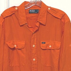 Vtg Polo Ralph Lauren Silk Linen Mens Button Up Shirt L Orange Vibrant Academia